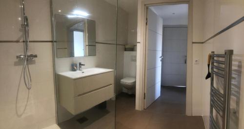 une salle de bain avec un lavabo, des toilettes et un miroir dans l'établissement Eluard 04 - Domaine d'Arca - PORTO-VECCHIO - Rez de jardin - 4 à 6 pers, à Porto-Vecchio