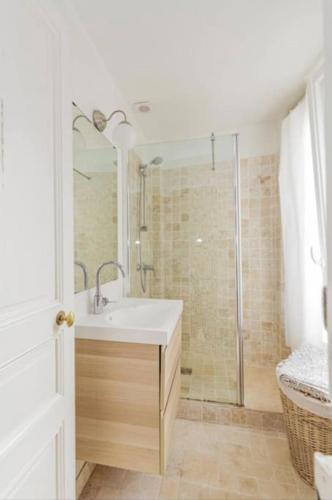 une salle de bain avec un lavabo et une douche dans l'établissement Cocon parisien lumineux central, à Paris