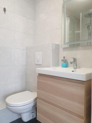 une salle de bain blanche avec des toilettes et un lavabo dans l'établissement Le Nid de Metz, à Metz