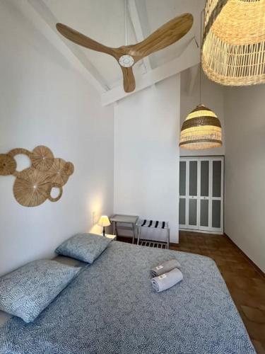 une chambre avec un lit avec un ventilateur de plafond dans l'établissement Terrasse à Aix en Provence centre historique, à Aix-en-Provence