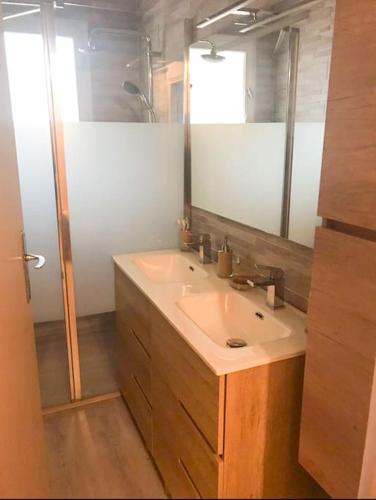 une salle de bain avec un lavabo et un miroir dans l'établissement La Maison des Pins Arcachon Les Abatilles, à Arcachon