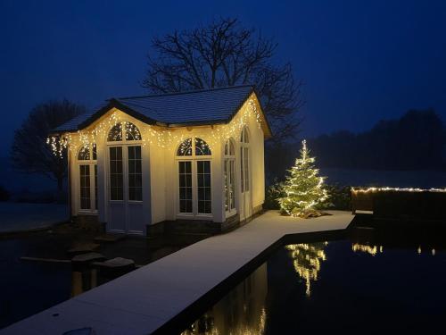 a house with a christmas tree and lights at Traumhaftes Tiny Apartment in Weingarten