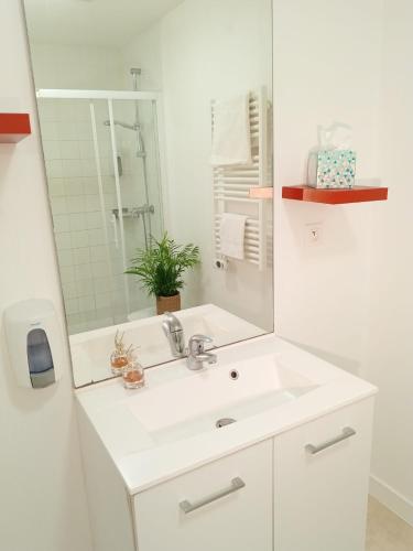 a white bathroom with a sink and a mirror at Résidence New Rochelle in La Rochelle