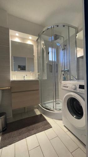 une salle de bain avec douche et machine à laver dans l'établissement Appartement rdc terrasse vue panoramique mer, à La Croix-Valmer