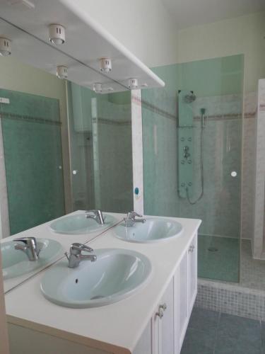 a bathroom with two sinks and a shower at Château Ardilleux in Ardilleux