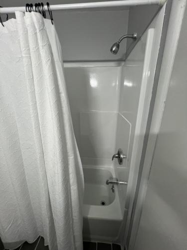 a bathroom with a shower with a shower curtain at Nest Inn in Watertown
