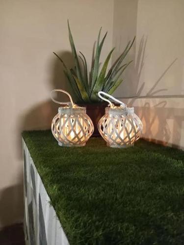 three vases sitting on top of a green table at apartamento 1 tenerife sur in Arona