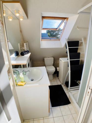 une petite salle de bain avec un lavabo et des toilettes dans l'établissement Kerann 1mn de la plage avec jardin, à La Turballe