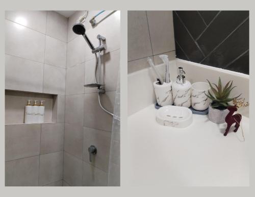 a bathroom with a shower and a sink at CNC Tagaytay Staycation with Netflix in Tagaytay