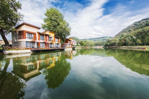 a view of a river with houses and buildings at Waterside Houses in Ognyanovo