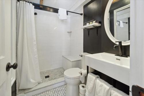 a bathroom with a toilet and a sink and a mirror at 16 E Jones Carriage House in Savannah