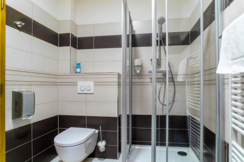 a bathroom with a toilet and a glass shower at Vinařství Peřina in Klentnice