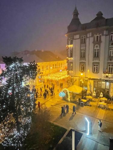 a group of people walking around a city with christmas lights at Apartament Centru Vechi in Craiova