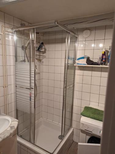 La petite salle de bains est pourvue d'une douche et d'un lavabo. dans l'établissement Châlet Les Arcs 1600- Montrigon Funiculaire, à Bourg-Saint-Maurice