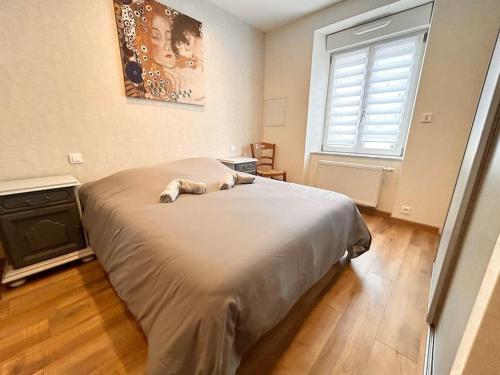 - une chambre avec un grand lit dans une pièce dotée d'une fenêtre dans l'établissement Appartement neuf Mulhouse, à Mulhouse