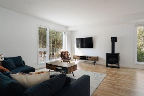 a living room with a couch and a fireplace at Le Nordet - SPA & Play room in Saint Come