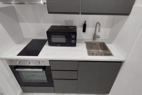 a small kitchen with a microwave and a sink at London Euston 4 minute walk away in London