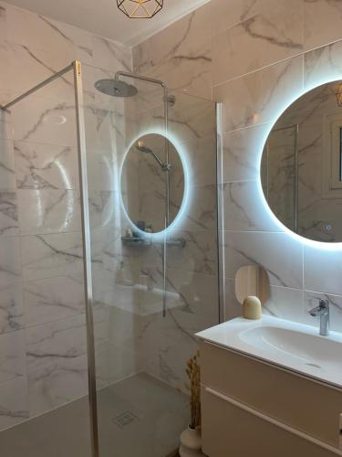 une salle de bain avec une douche, un lavabo et un miroir dans l'établissement Maison de ville avec jardin, au Mans