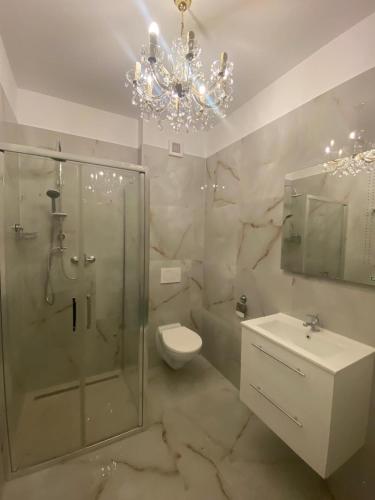 a bathroom with a shower and a toilet and a chandelier at Vienna Luxury Dream Home in Vienna