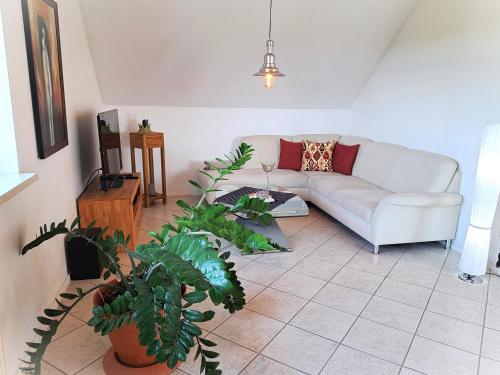a living room with a couch and some plants at Ferienwohnung Falkenhof in Lindlar