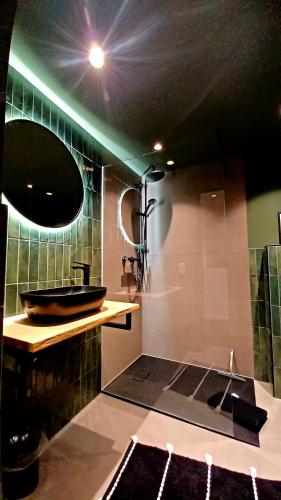 a bathroom with a sink and a bath tub at Gemütliches 1 Raum Apartment in Freudenberg