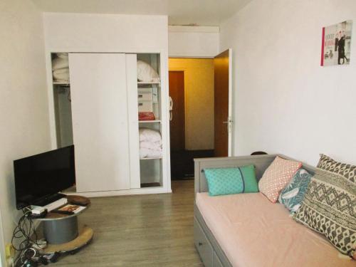 een woonkamer met een bank en een tv bij LIMOGES,LA vue, ascenseur, concierg ! in Limoges