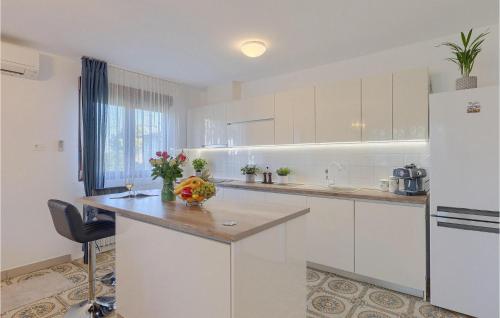 a kitchen with white cabinets and a white refrigerator at Villa Mendula in Potpićan