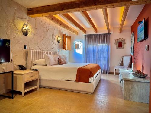 a bedroom with a large bed and a television at Hotel Boutique Casa Laja in San Miguel de Allende