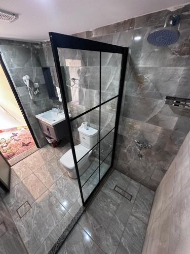 a bathroom with a toilet and a sink at Camille WadiRum Camp in Disah