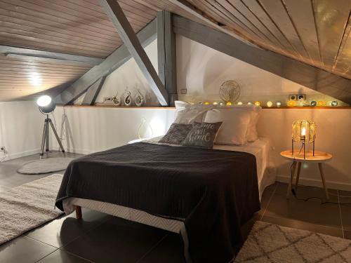 - une chambre avec un lit et une couverture noire dans l'établissement Le Marceau, appartement proche centre ville, à Besançon