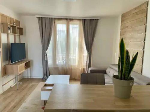 un salon avec un canapé et une table avec une plante dans l'établissement Le grand COSY - Gare SNCF, à Châlons-en-Champagne