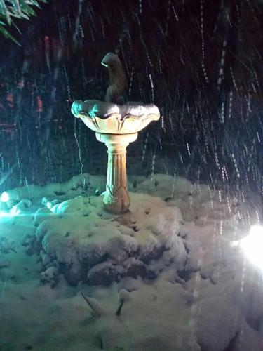 a bird sitting on a bird bath in the snow at Traditional house at Pelion seaside in Agria