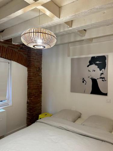 une chambre avec un lit et un lustre dans l'établissement Le Charmant - Appartement Calme et Cosy au coeur de Toulouse - Proche Transports, à Toulouse