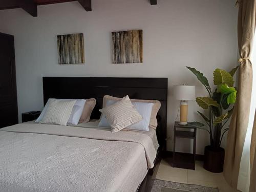 a bedroom with a bed with two pictures on the wall at Arenal Dreams House in Fortuna