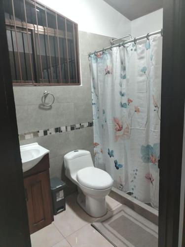 a bathroom with a toilet and a shower curtain at Arenal Dreams House in Fortuna