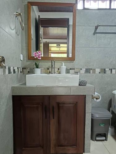 a bathroom with a sink and a mirror at Arenal Dreams House in Fortuna