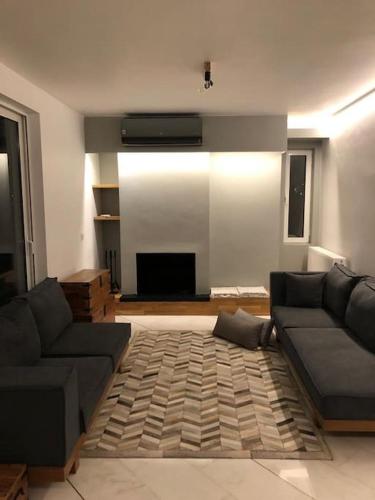 a living room with a couch and a fireplace at Grand Sea View Apartment 3' from Kavouri Beach in Athens