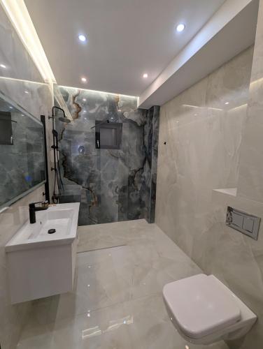 a bathroom with a white toilet and a sink at Zenith DM Otopeni Airport & Therme in Otopeni