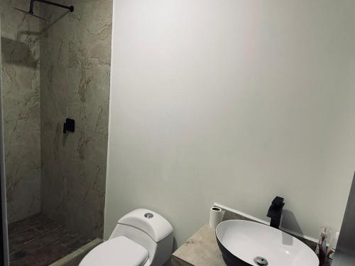 a bathroom with a white toilet and a sink at Casa ocho in Oaxtepec