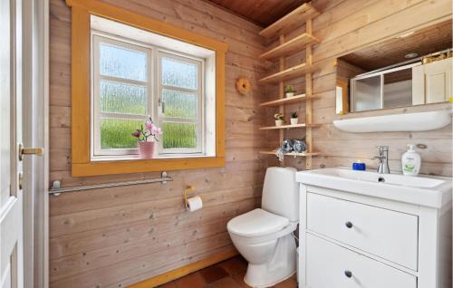 a bathroom with a toilet and a sink and a window at Holiday Home Lyngshuse Herning Xii in Kølkær