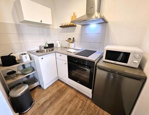 une petite cuisine avec un évier et un micro-ondes dans l'établissement Studio Cosy- Hyper Centre Ville, à Colmar