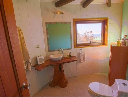 a bathroom with a sink and a greenboard on the wall at Casa en Puerto Varas in Puerto Varas