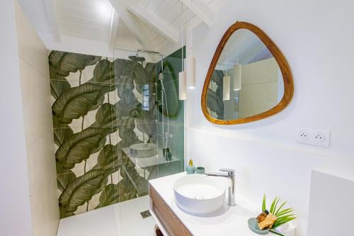 a bathroom with a sink and a mirror at Villa Ti Piou in Deshaies