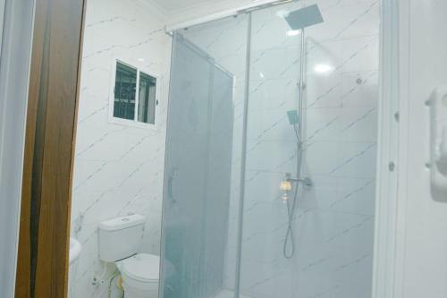 a bathroom with a glass shower with a toilet at Frade Apartment in Igbe Ewoliwo