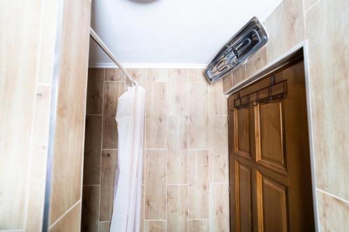 a bathroom with a shower and a brown door at Brvnara Nina in Kremna