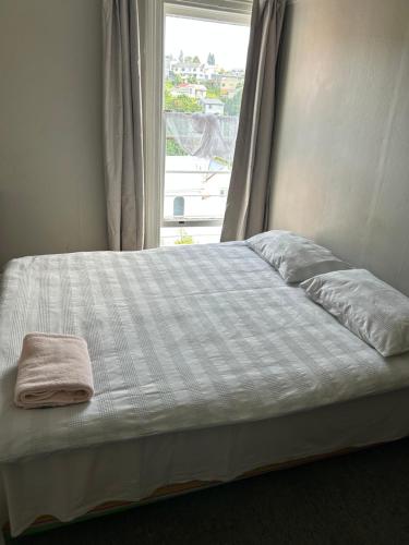 a bed with a blanket and a window at Ballymena House in Dunedin