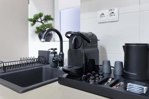 eine Küchenspüle mit einer Kaffeemaschine auf der Theke in der Unterkunft Paradise Museum City Center in Belgrad