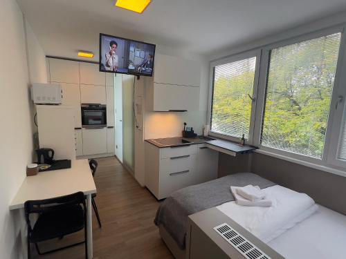 Kuchyň nebo kuchyňský kout v ubytování Apartments 4u: KAMPUS Upstairs Hradec Králové