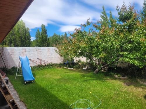 a yard with a blue object in the grass at Avenida Centro in Los Antiguos