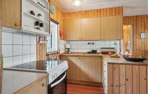 a kitchen with wooden cabinets and a stove top oven at Gorgeous Home In Kolind With Wifi in Kolind